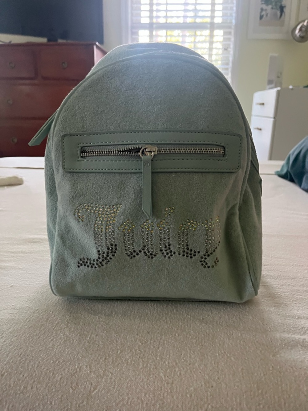 Juicy Couture Mint Green Terry Cloth Mini Backpack with Crystal Logo